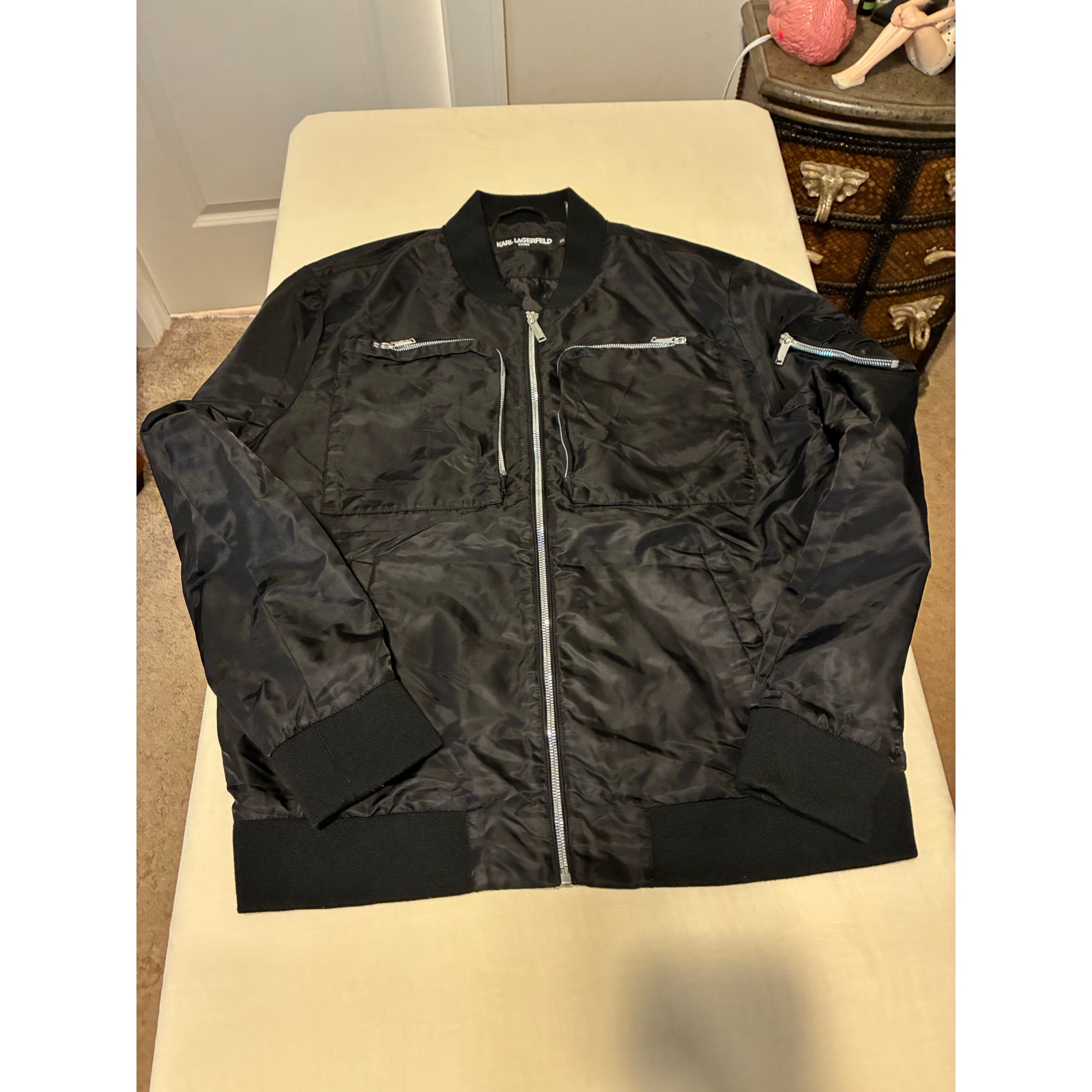 Corpcore Karl Lagerfeld Paris Bomber Jacket Black Nylon Utility Pockets Grunge